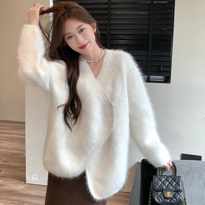 Autumn and Winter Sweater Cardigan V-neck Long Sleeve Small Fragrant Mink Coat Vintage Solid Casual Sweater Cardigan Female