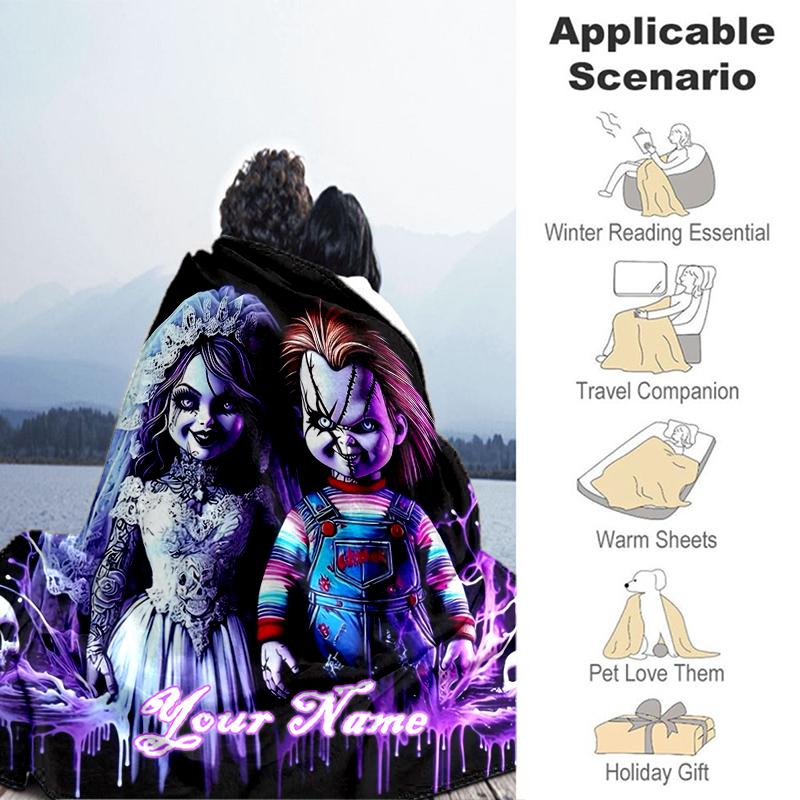 1PC Custom Name Horror Dolls Halloween flannel blanket versatile, all-season throw suitable for the living room, bedroom, camping, travel, and gift