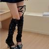 Women Aesthetic Lace Thigh High Leg Warmers with Tie Bandage Japanese Ribbon Strappy Footless Long Socks Leg Covers