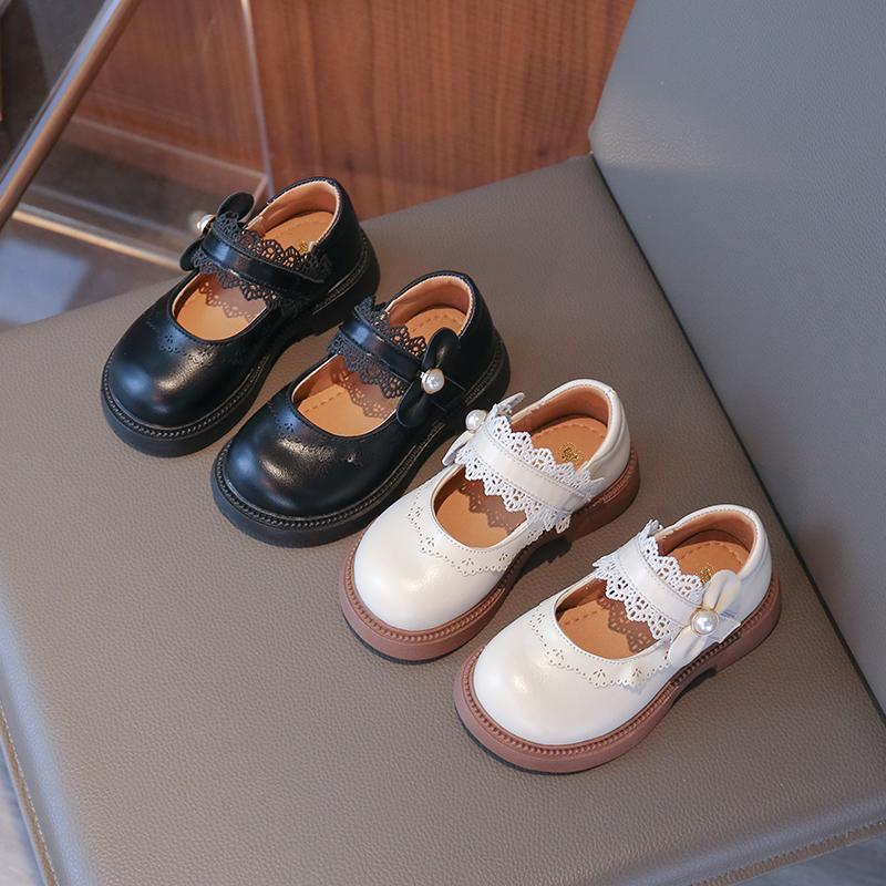 Flickor Läderskor Halkfria Mjuka Sulor Barn Prinsessskor Spets Söta Pärlor 2025 Nya Barn Ballerinaskor Runda Tår Söta Rosetter