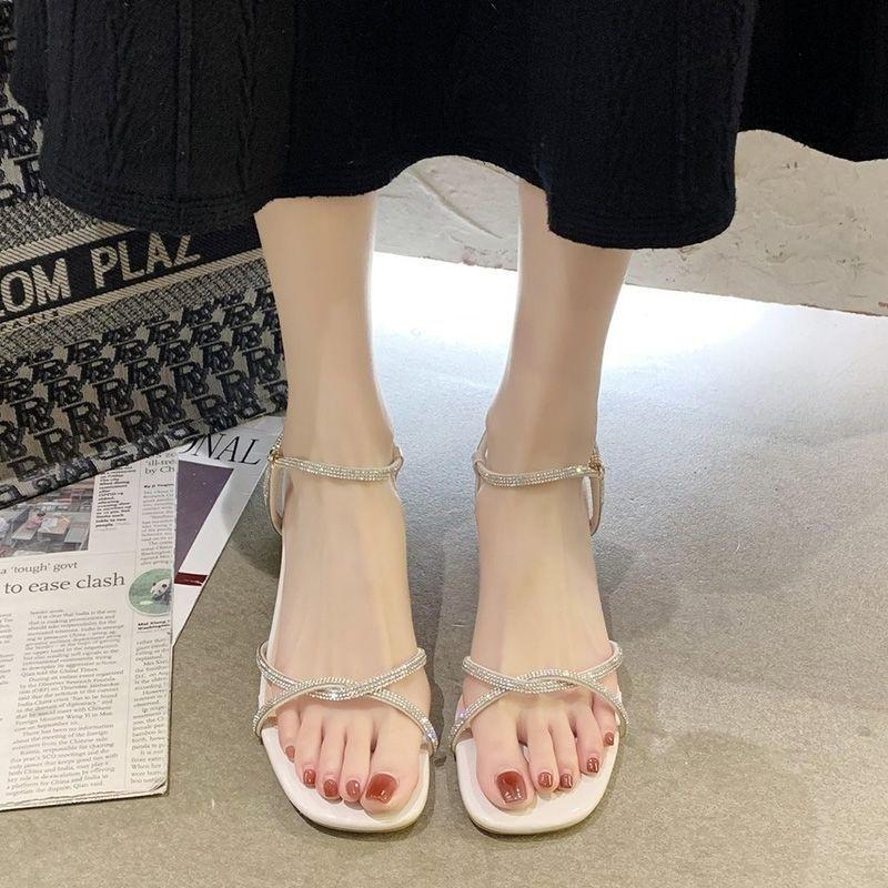

Coarse heel sandals women s summer college students versatile temperament high heels new rhinestone shoes 34