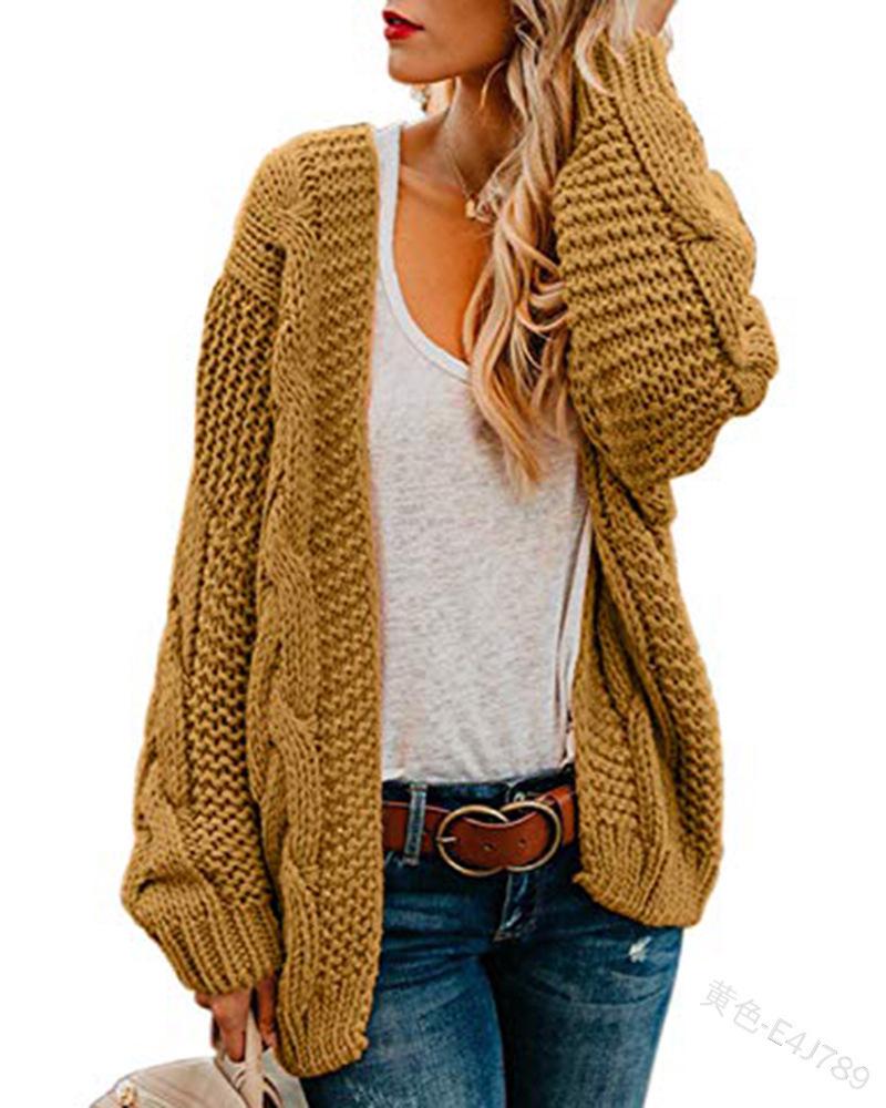 

2026 Spring/Autumn Women s Mid-Length Chunky Cable Knit Cardigan - Solid Color, Casual & Loose Fit S