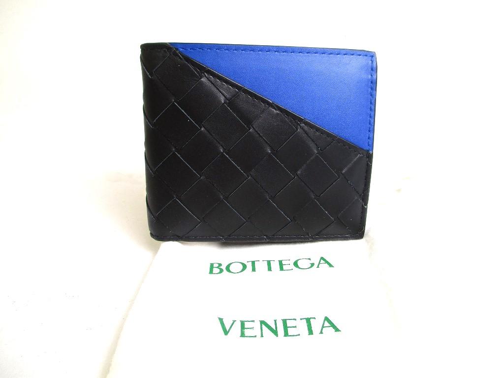 Authentic BOTTEGA VENETA Intrecciato Black Blue Leather Bifold Wallet Compact Wallet #a425  Refurbished
