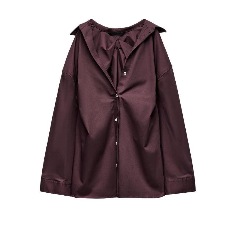 Fall and Winter New Women's Clothing Back Pleated Design Loose Long Sleeves Lapel Single Breasted Shirt 3067118