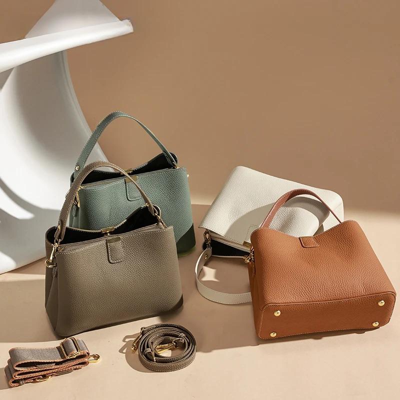 Genuine Leather Shoulder Bucket Bag Women Basket Tote Soft Handbag Genuine Leather Women Fashi Commuter One-shoulder Handbag