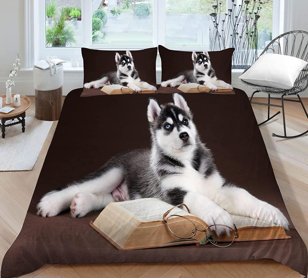 Husky Duvet Cover Puppy Pet Flower Floral Jungle Natural Scenery Cute Animal Bedding Set Polyester Double Queen King Quilt Cover