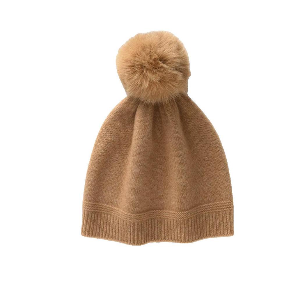 Women's Winter Cashmere Hat with Fox Fur Pom-Pom, Knitted Wool Ear Protection, Slimming and Warm Postpartum Design