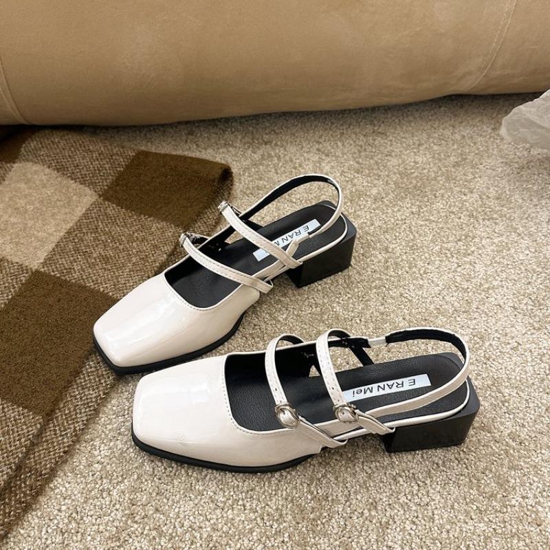 Fashion Fashion Baotou Sandals Spring New Square Head Shallow Mouth Metal Buckle A Line with Soft Sole Non-slip Mid-heel Shoes