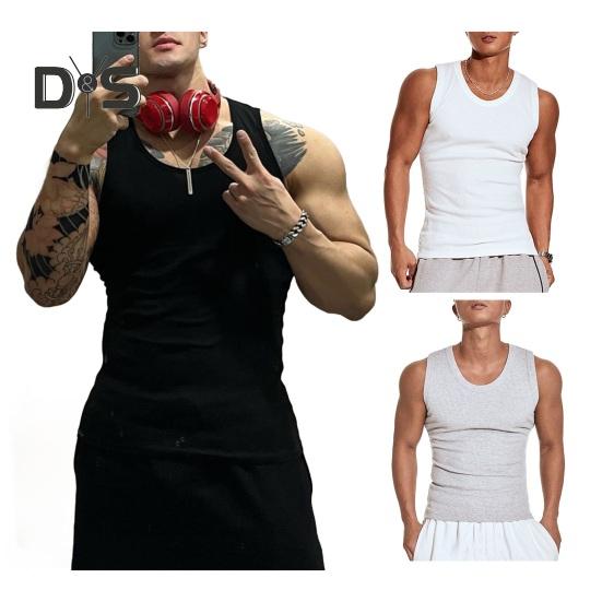 Men Vest Ribbed Fabric Round Neck Tight Fit Solid Color Tank Tops Breathable Vest Sports Fitness Streetwear