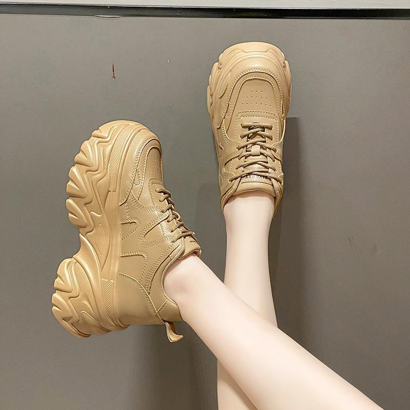 Autumn Breathable Thick Bottom Casual Shoes New 2025 Women's Chunky Leather Sneakers 8CM High Platform Sports Dad Shoes Spring