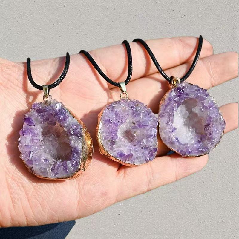 Crystal Necklace With Geometric Design And Amethyst Pendant For Summer Fashion Jewelry