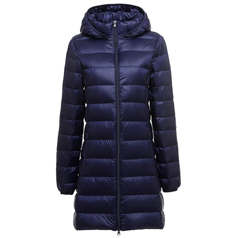 Womens Lightweight Hooded Down Jacket Mid-Length Removable Cap Korean Style Thin Winter Coat