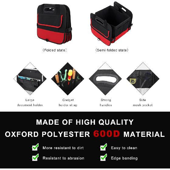 Car Trunk Organizer, Large Capacity Collapsible Cargo Organizer with Adjustable Straps Reinforced Handles, Multi-Compartment Trunk Storage Box for