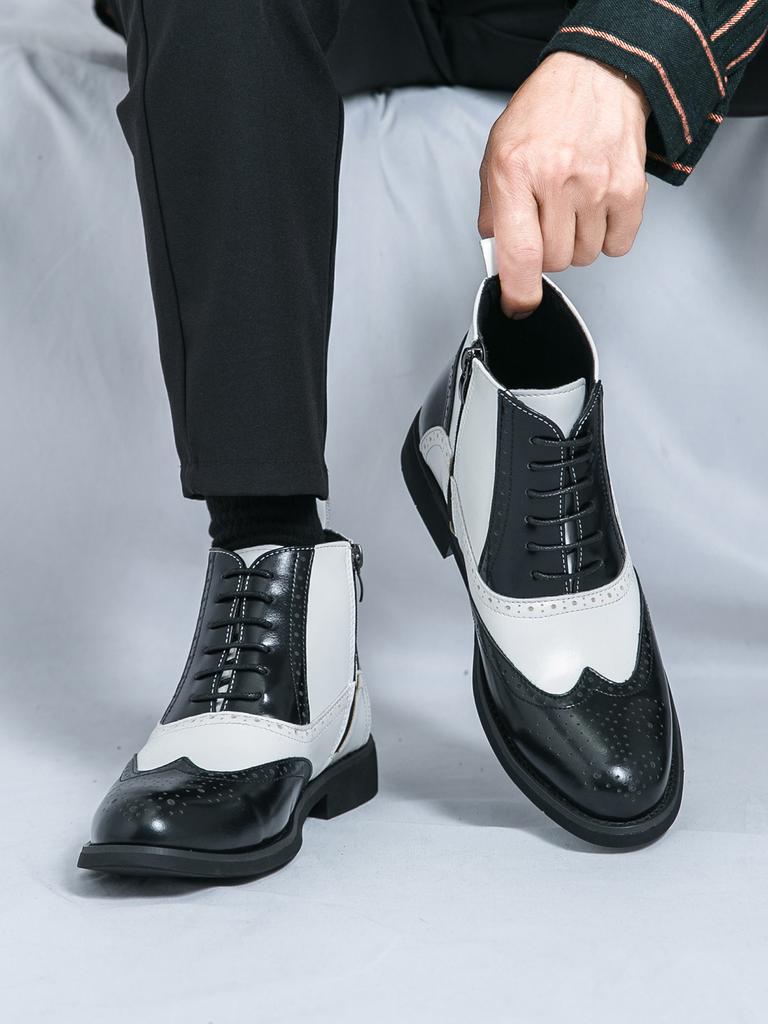 Luxury New Designer Men Pointed Black White Mix Patchwork Casual Ankle Boot Male Winter Fashion High Tops Shoes Zapatos Hombre