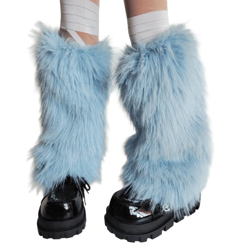 Plush Furry Leg Warmers for Women Cozy Winter Boot Toppers Thermal Warm Blue Fuzzy Foot Covers Footless Socks Gaiters