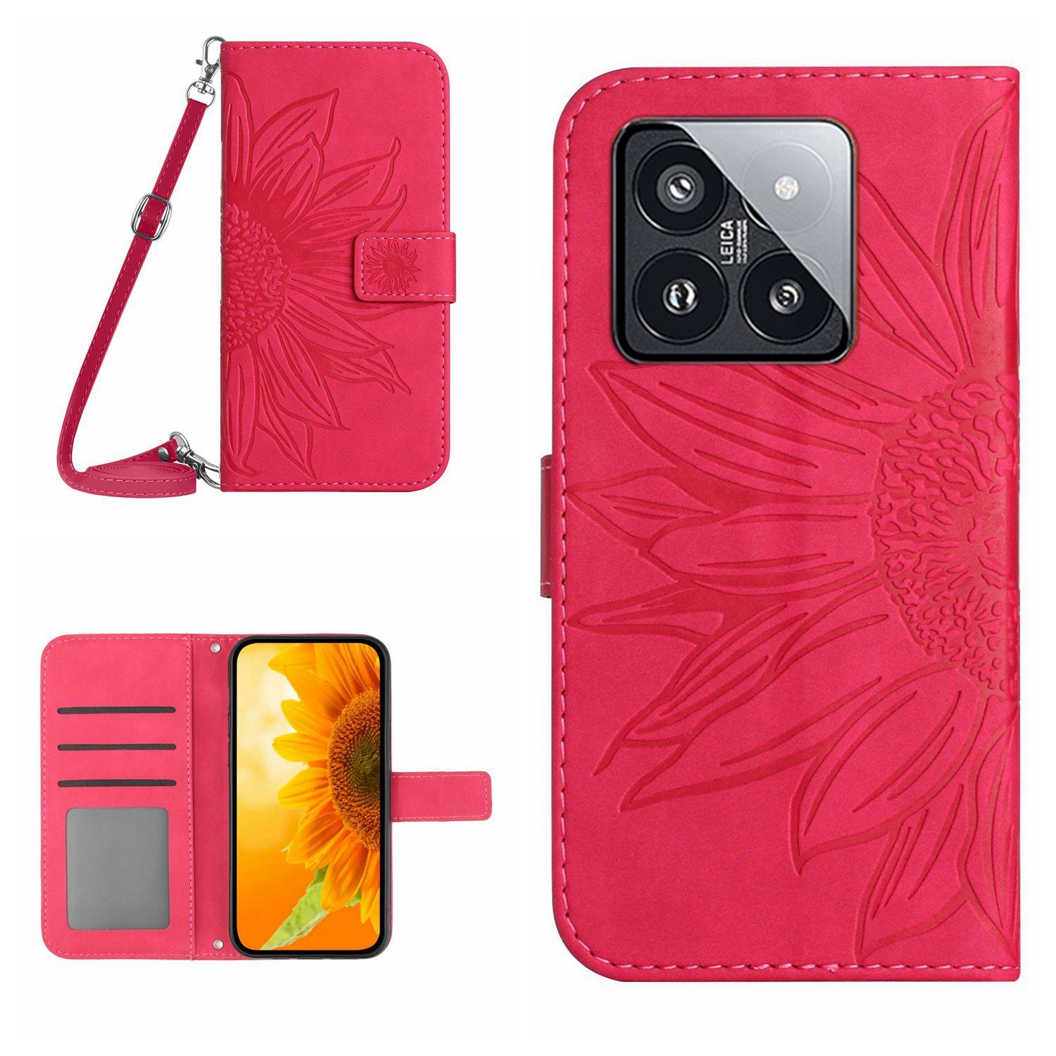

HT04 For Xiaomi 14 Case Sunflower Imprinted Stand Wallet Cover with Shoulder Strap Rose