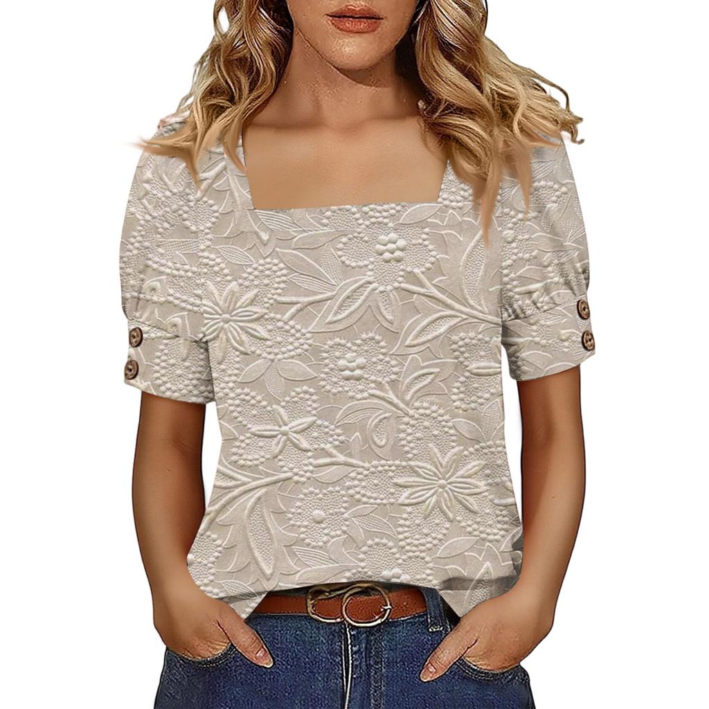 Women's Fashionable Casual Summer Retro Print Square Neck Button Short-sleeved Top