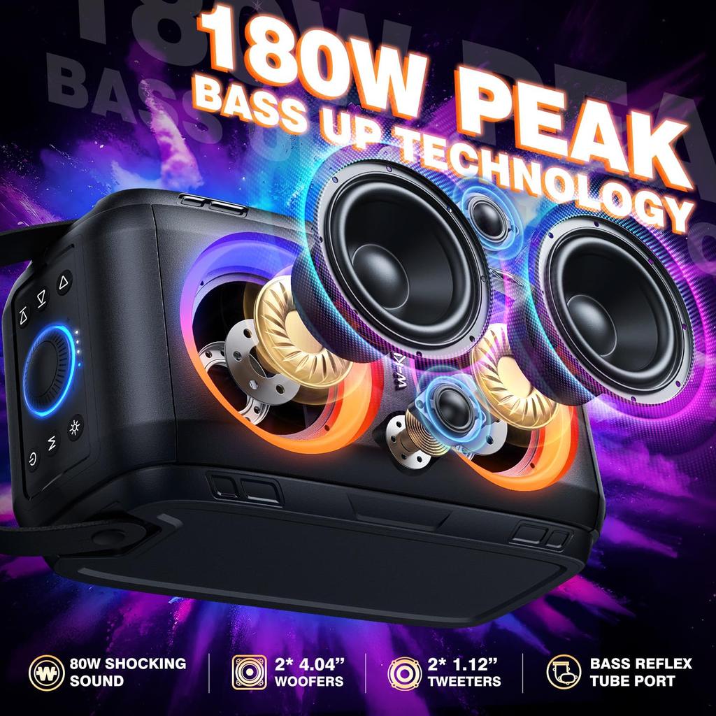80W Loud Bluetooth Super Deep Huge 105dB Portable Party Mixed Color LED 24H Bluetooth USB TF W-KING Speaker, Bass, Sound, Speaker, Lights, Playtime,