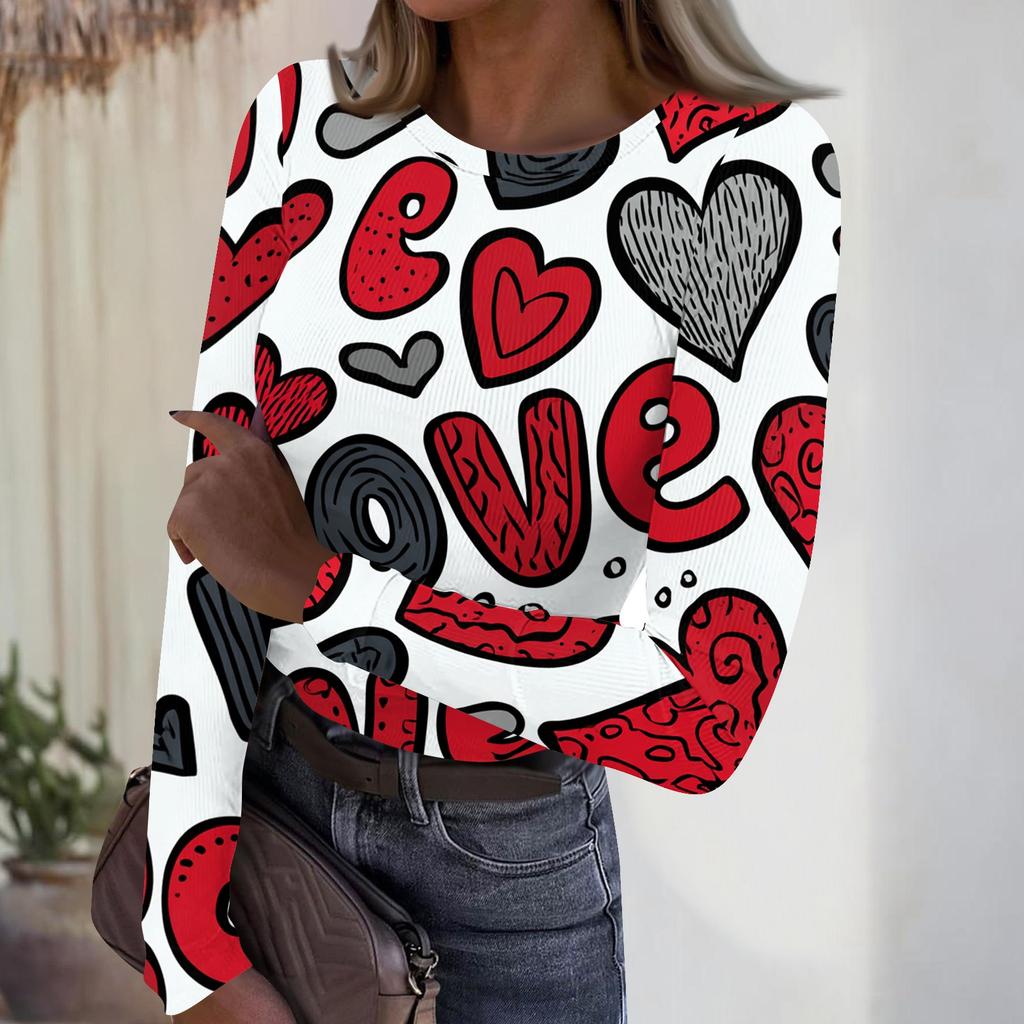 Women's Casual And Fashionable Round,neck Long,sleeved Ribbed Top With Valentine's Day Print.