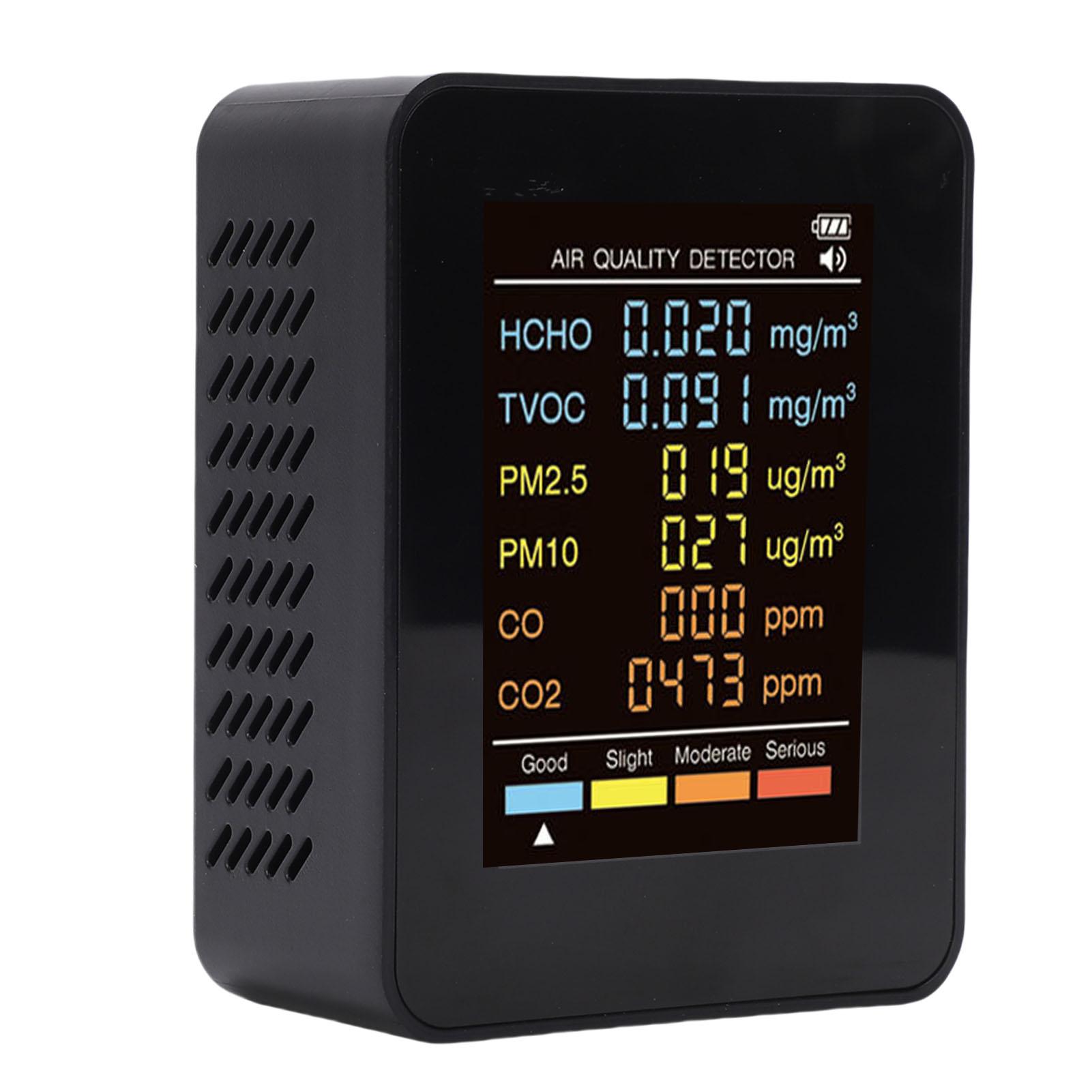 

6 in 1 Air Quality Monitor, 2.8 Color Screen Indoor PM2.5 PM10 HCHO TVOC CO CO2 Detector, Multifunctional Air MT07CO Black
