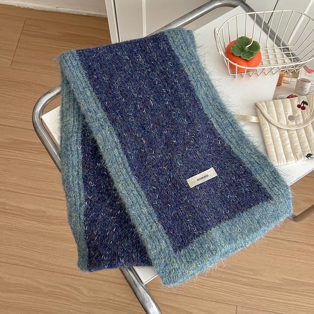 Women's High-End Blue Wool Scarf: Versatile Winter Fashion, Warm Snood, Korean Style Trend
