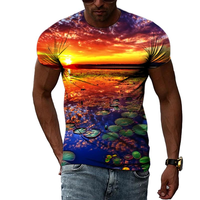 Summer Landscape Pattern T-shirts Casual Personality Hip-hop Trend Round Neck Tees Fashion Men's Street Cool Short-sleeve Top