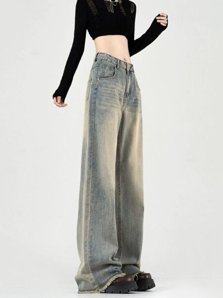 Wide-leg Jeans Women Spring and Autumn New American Retro Loose Slim Straight Mop Pants