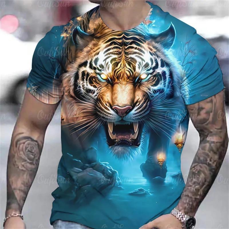 Tiger Print T-Shirt 3D Animal Men's Shirts Summer Short Sleeved Male Pullover Oversized T-shirts Casual Tops Tees Men Clothing