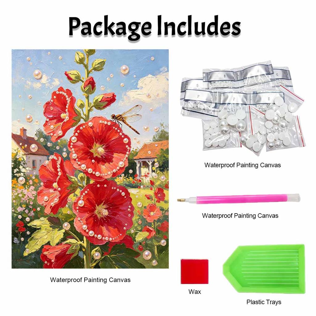Pearl painting kit Red Hollyhock flower and dragonfly DIY home decoration painting