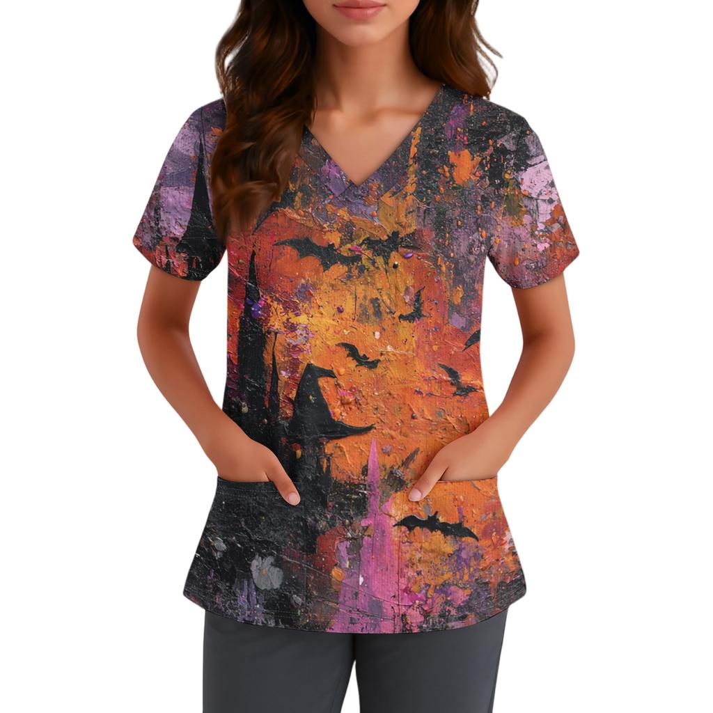 Women V Neck Short Sleeve Top with Pockets Halloween Themed Printed Scrub Shirt Comfortable Fit for Staff