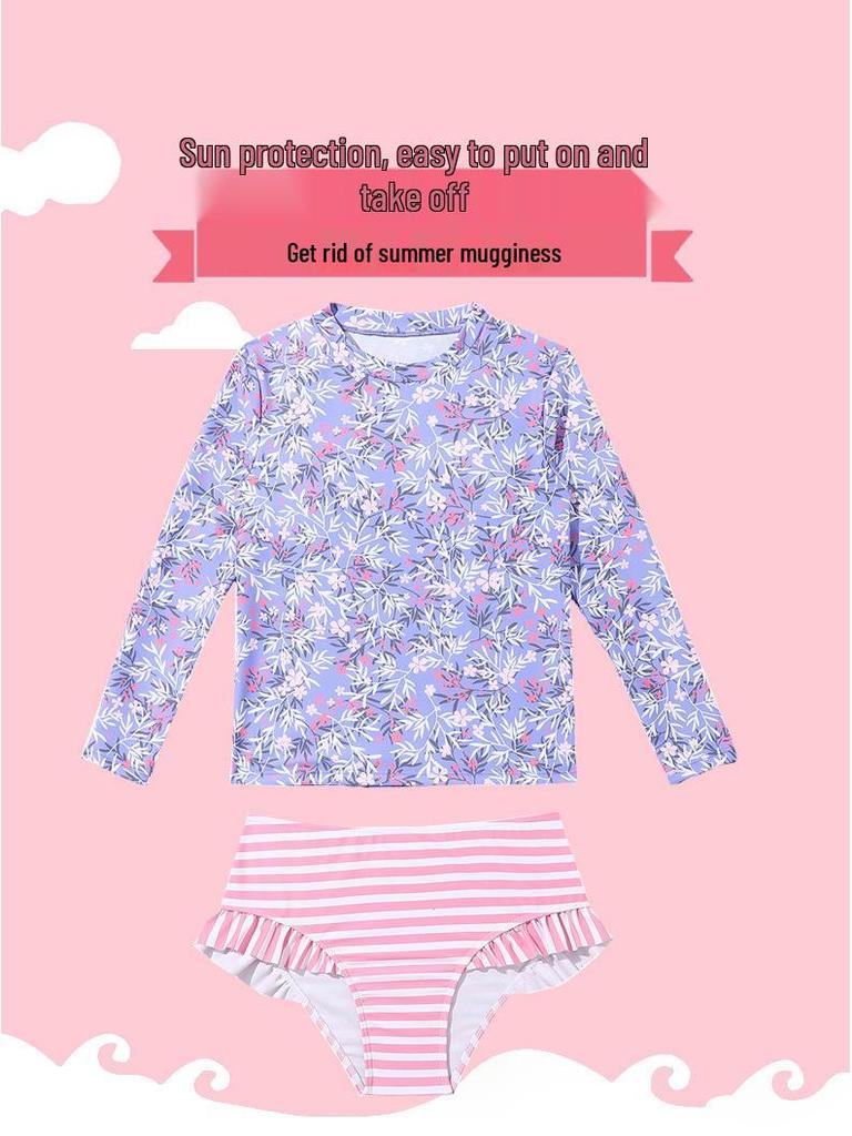 Girls' Long Sleeve Striped 2-Piece Swimsuit - 2025 New Style