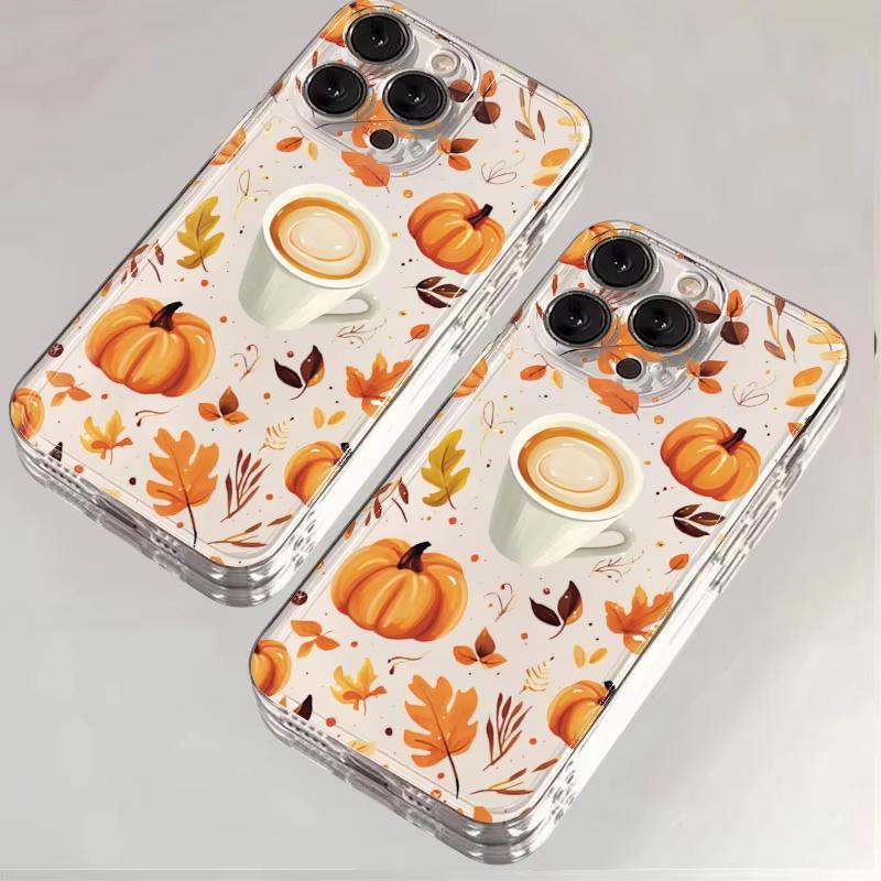 Pumpkin Coffee Autumn Leaves Print Phone Case for iPhone 17 16 15 14 13 12 11 16E Series Pro Max Plus
