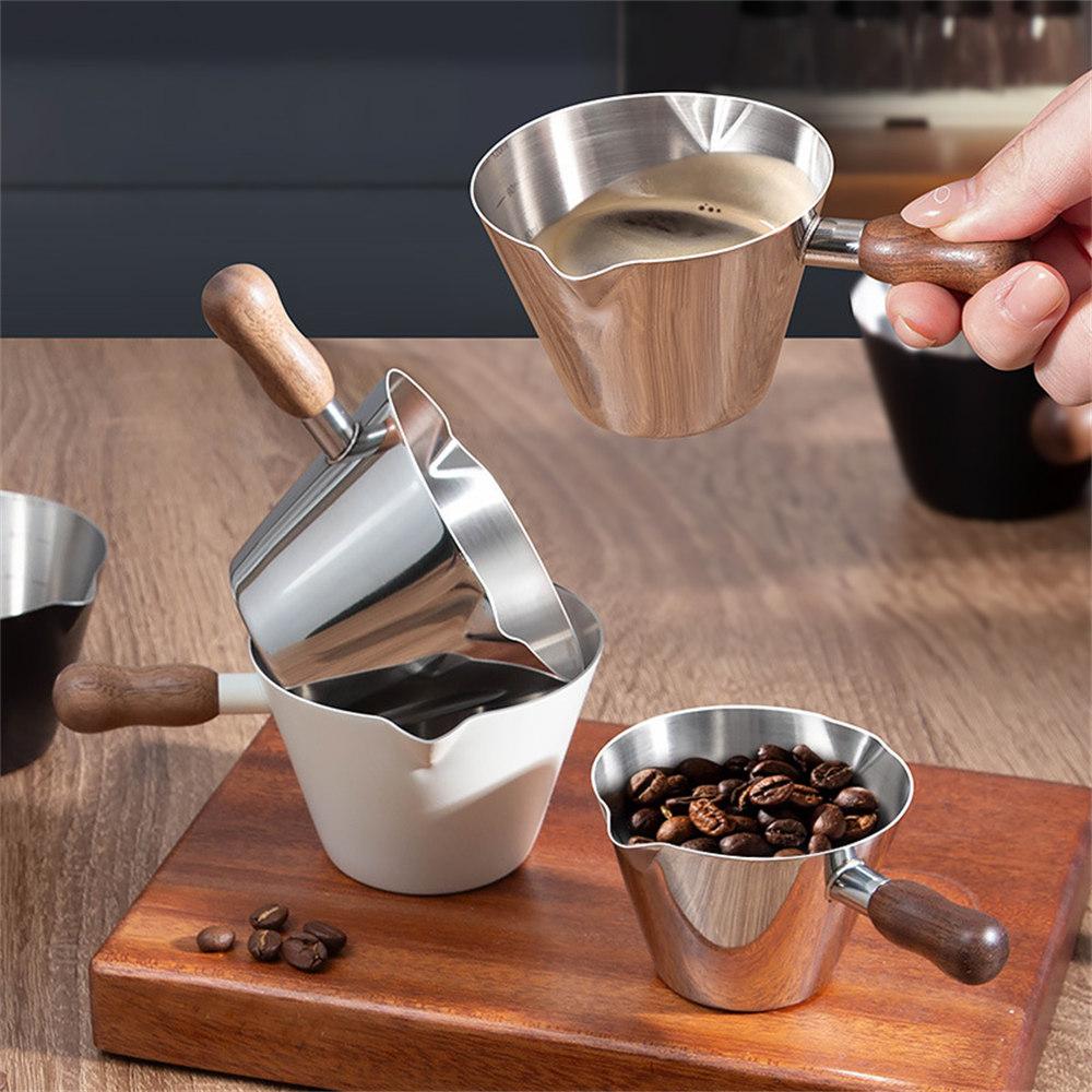 Walnut Handle Espresso Shot Glass 120ML Stainless Steel Measuring Cup With Spout And Scale For Barista