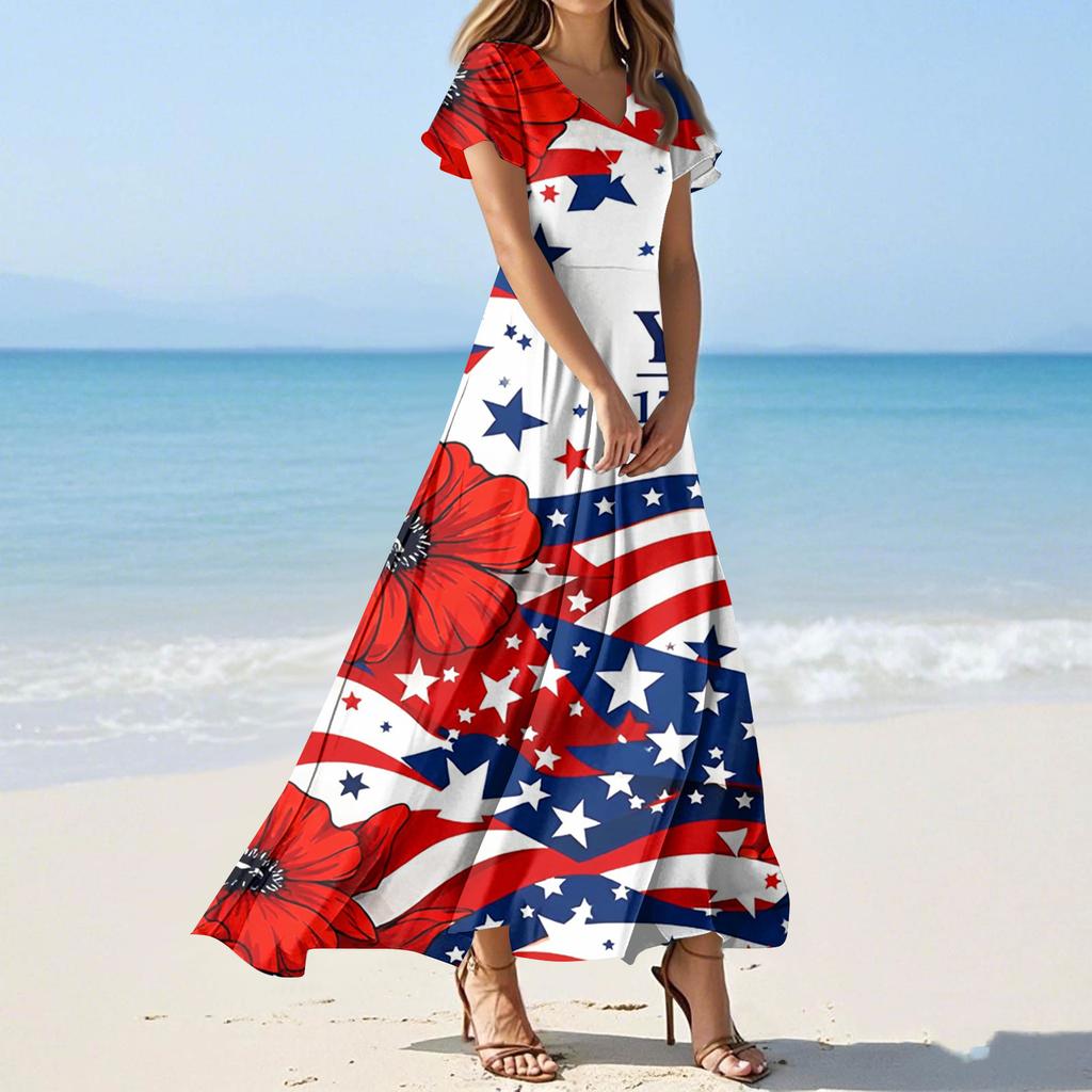 Dámské letní ležérní módní šaty s barevným potiskem Šaty s krátkým rukávem s výstřihem do V