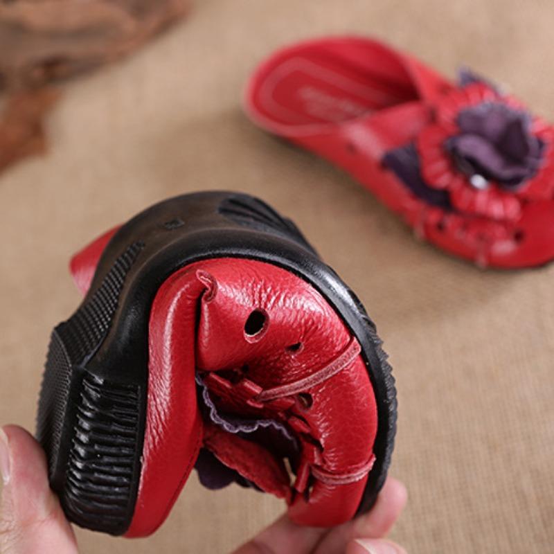 Fashion 2025 Summer Genuine Leather Shoes Women Sandals Old Beijing Style Cow Leather Shoes Flowers Black Red Yellow Plus Size 41 D416
