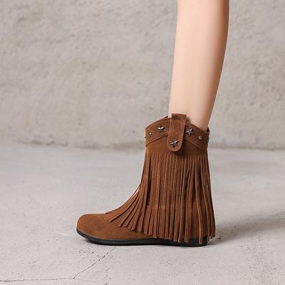 Stivali Cowboy Western con Frange Stivaletti Retro da Donna in Flock con Rivetti Aumento Altezza Cerniera Laterale Invernale