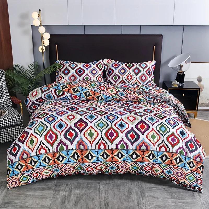 3pcs Boho Bedding Set Striped Geometric Duvet Cover and Pillowcases in Brown Ethnic and Traditional Style Soft Cozy Quilt Covers
