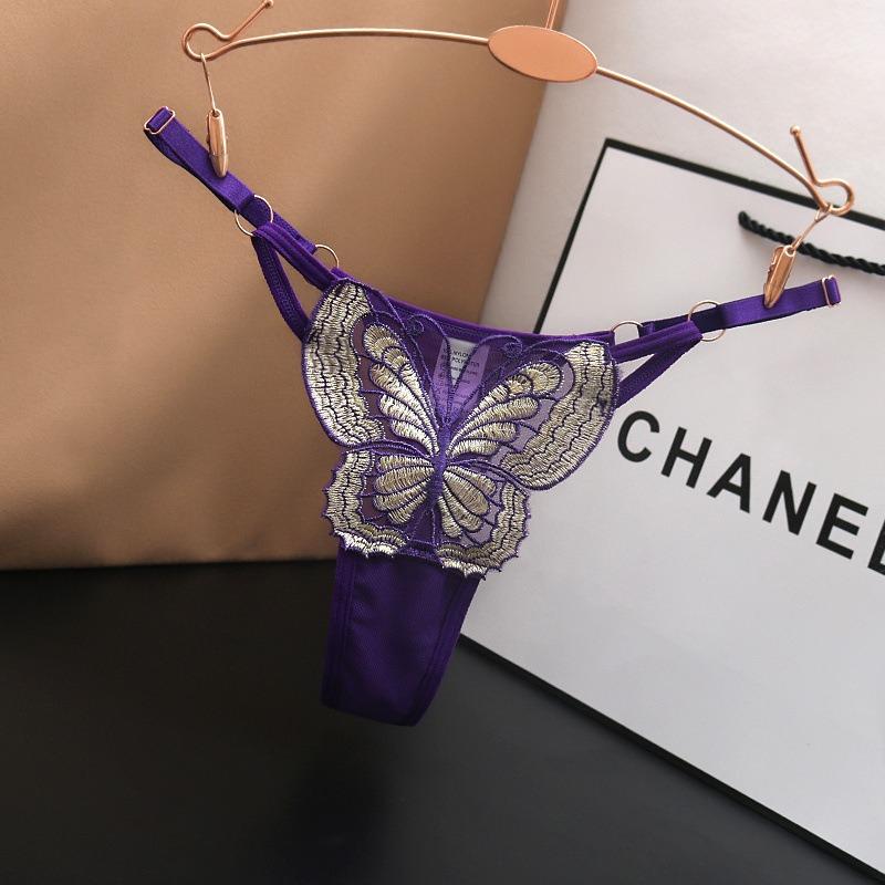 New Sexy Transparent Lace Underwear with Female Charm, Butterfly Embroidery, Low Waist Adjustable, Hot European and American Tho