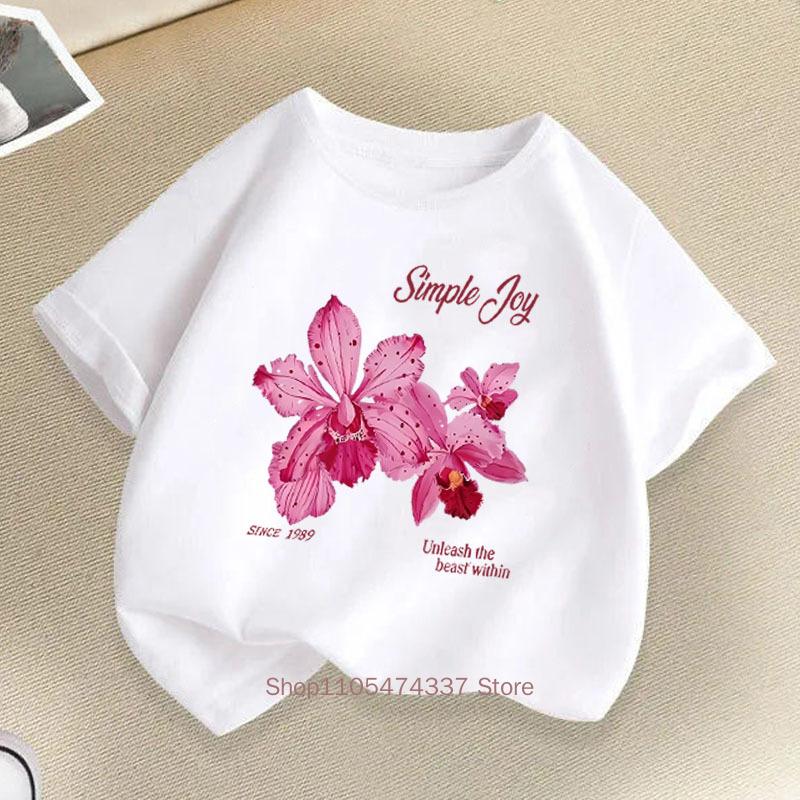 Beautiful Flower Print Tshirt Children Summer Girls Casual Korean Style Colorful Tops Kids Comfortable Oneck Short Sleeve Tees