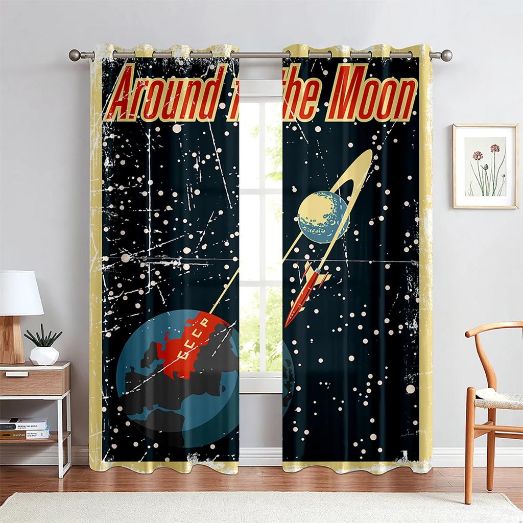 2pcs Cartoon Spaceman Astronaut Cute Curtain,Boys Girls Room Sky Rocket Planet Curtains for Bedroom Living Room Window Decor