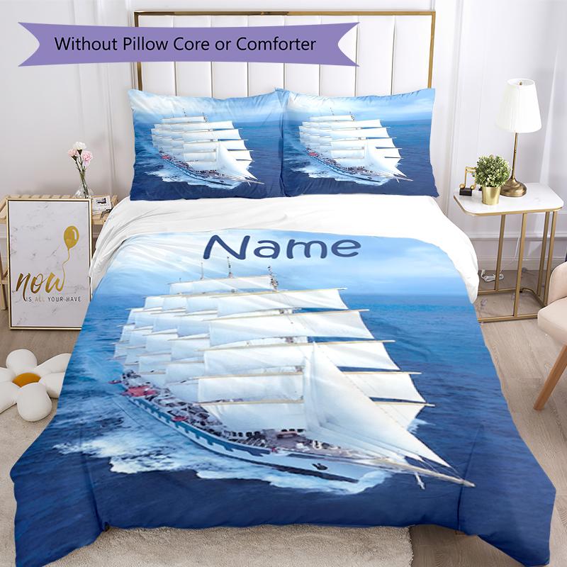 3pcs Custom Name Sailboat Bedding Set Duvet Cover Closure Includes 1 Duvet Cover & 2 Pillowcases, Soft and Comfortable for All Seasons.