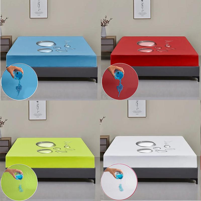 All-Season Waterproof Mattress Protector Soft Polyester Deep Pocket Sheet 8 Colors Modern Bed Fitted Sheet Durable Mattress Cover Bedding Bedspread