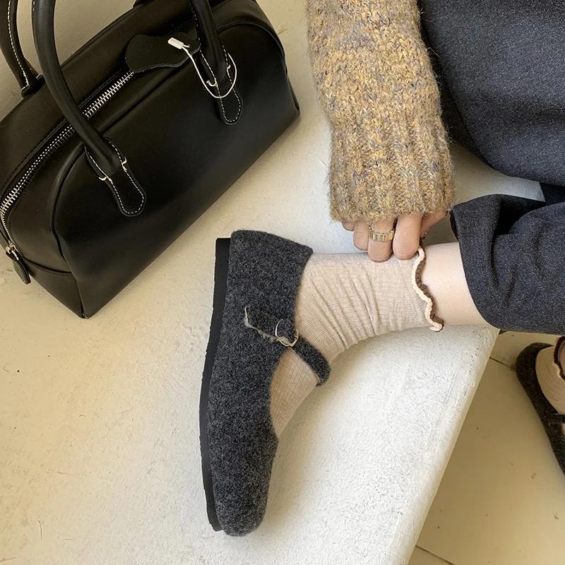 Módní Zimní Teplé Fleecové Dámské Boty Mary Jane Módní Mělké Roztomilé Baleríny Pohodlné Venkovní Boty s Měkkou Podrážkou