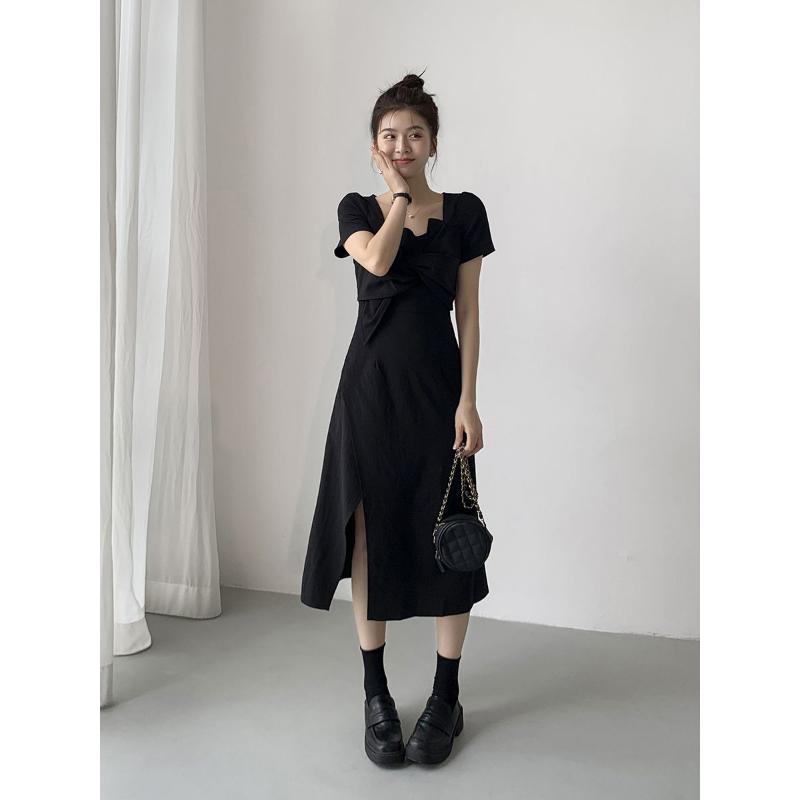French Retro Dress Square Collar Niche Design Senior Sense of Black Waist-skimming Temperament Dress