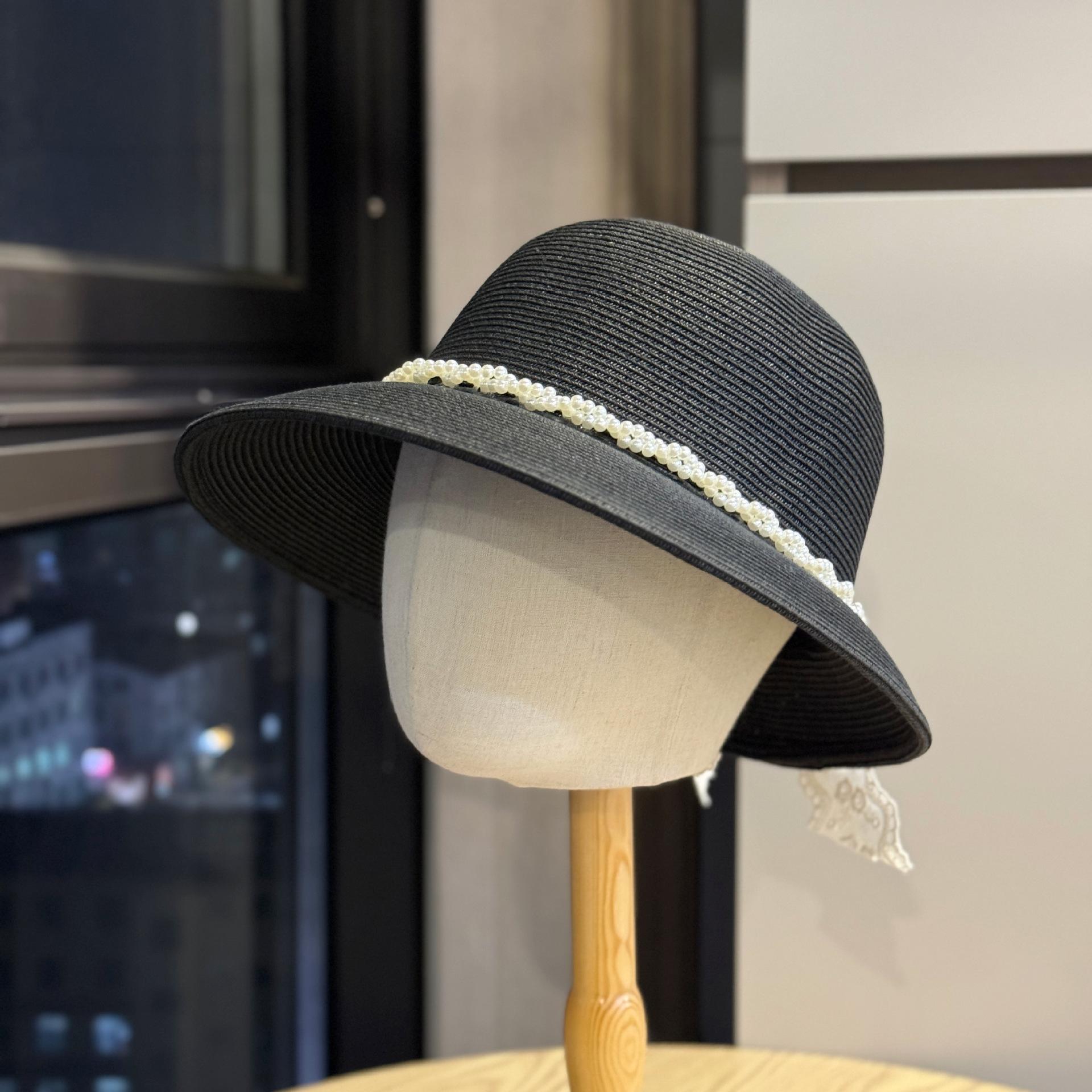 

New Pearl Bow Elegant Straw Hat for Women, Summer Sun Protection Sun Hat, Face Slimming Outdoor Vacation Style Fisherman Hat Adult54-60Adjustable чёрный