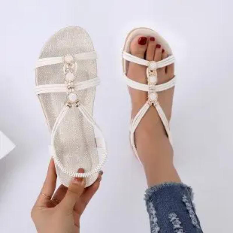 Rhinestone Sandals Women's Summer 2026 New Bohemian Diamond Flat All-match Flat Heel Open Toe Plus Size Women's Holiday Shoes