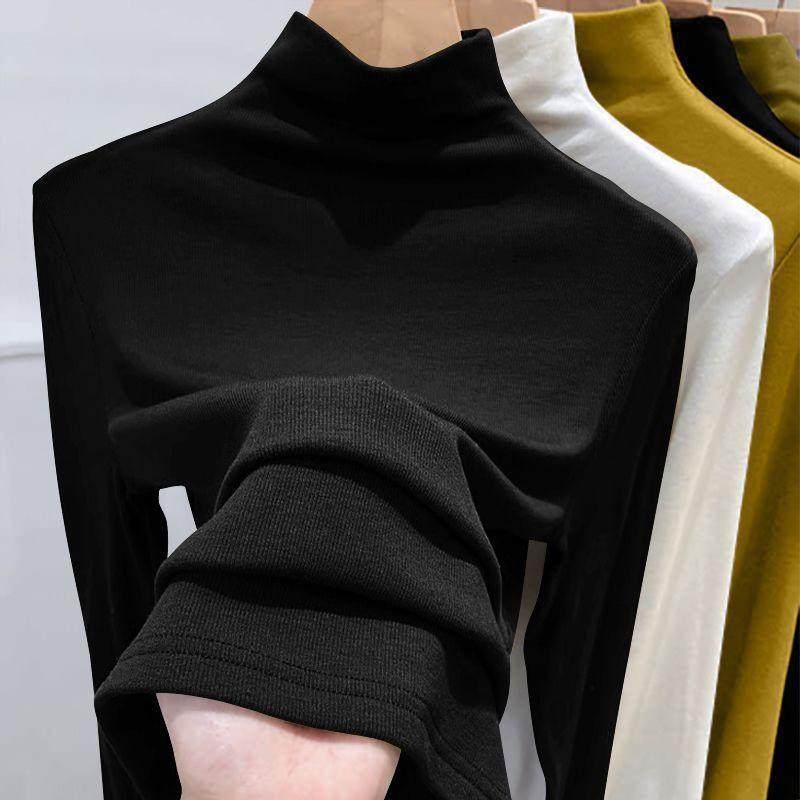 Women's Half High Neck Long Sleeve T Shirt Slim Fit Solid Color Casual Basic Tee Tops
