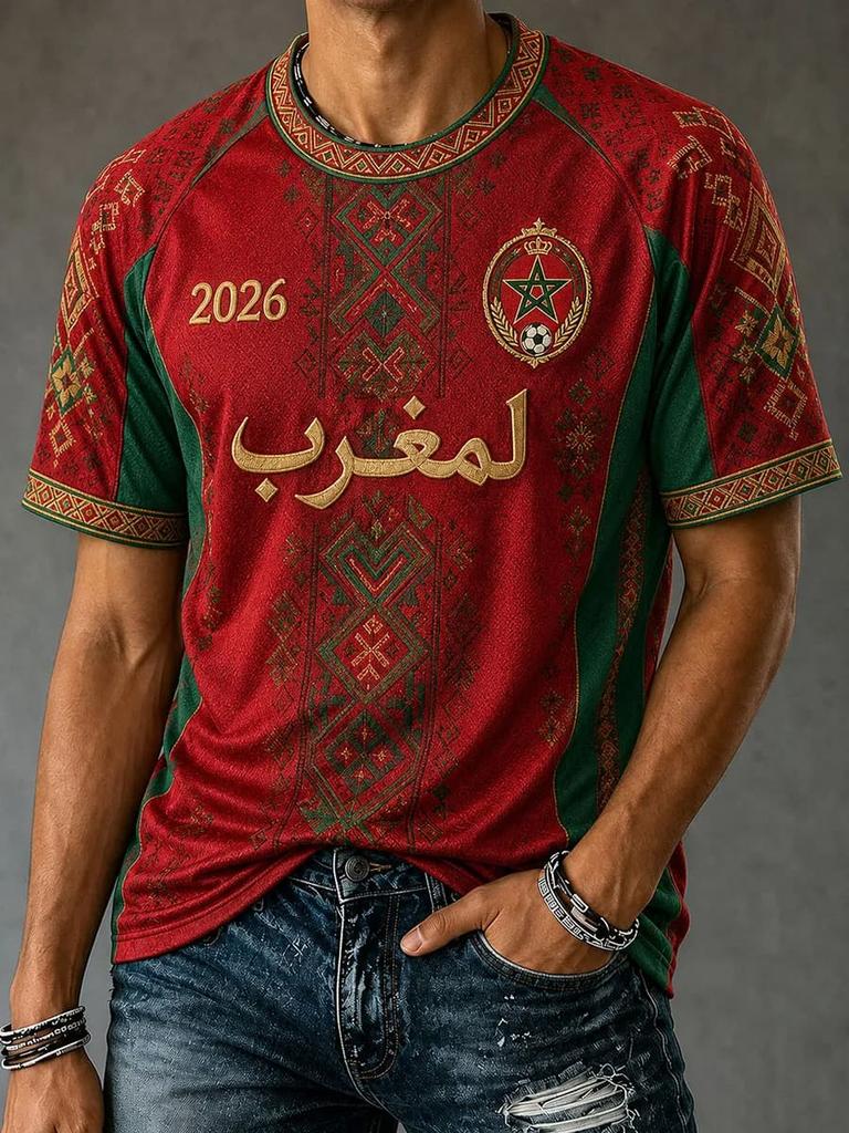 2026 Morocco National Team Red Football T-Shirt, Women's Men V-Neck Sportswear with Script & Star Motif  2026 New Colthing