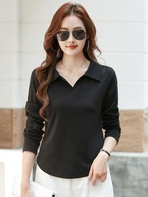 Women's Solid Color Long Sleeve T-Shirt with Turn-Down Collar and Curved Hem - Autumn 2025 Collection
