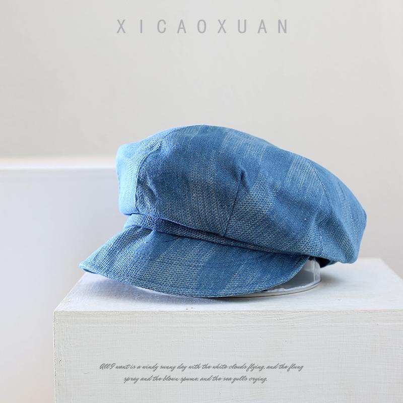 Retro Denim Octagonal Hat Women's Autumn Versatile Painter Hat Washed Beret Retro Casual Newsboy Hat Tide